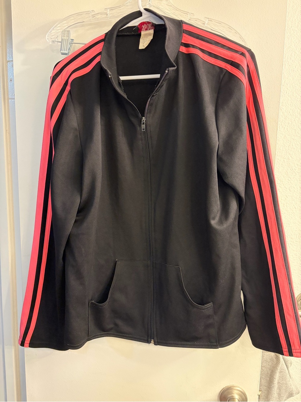 Women's Black Track-Style Varsity Jacket with Pink Stripes